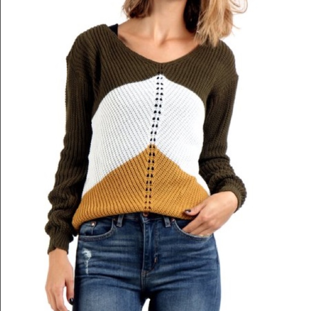 Khaki/Gold wool blend color block sweater